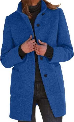 Kubbon Women's Winter Wool Blend Pea Coat Casual Single Breasted Stand Collar Trench Coat Thicken Warm Long Jacket Overcoat