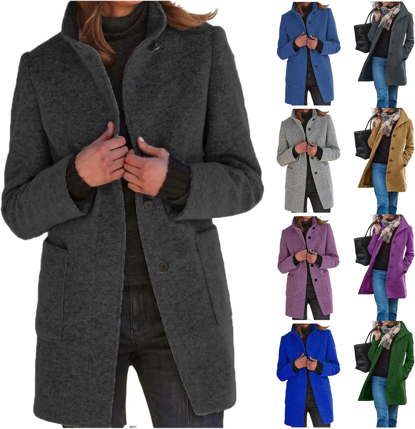 Kubbon Women's Winter Wool Blend Pea Coat Casual Single Breasted Stand Collar Trench Coat Thicken Warm Long Jacket Overcoat