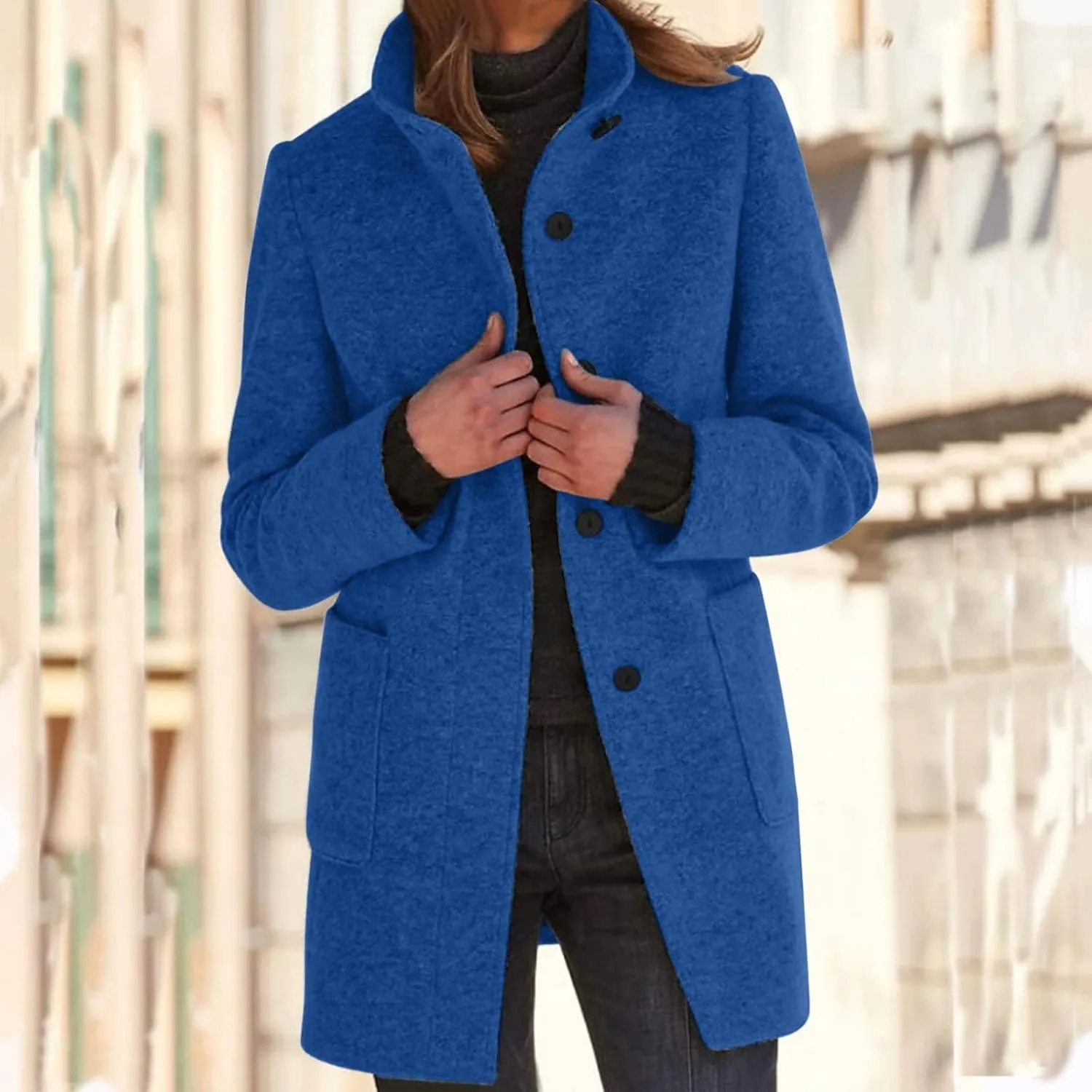 Kubbon Women's Winter Wool Blend Pea Coat Casual Single Breasted Stand Collar Trench Coat Thicken Warm Long Jacket Overcoat