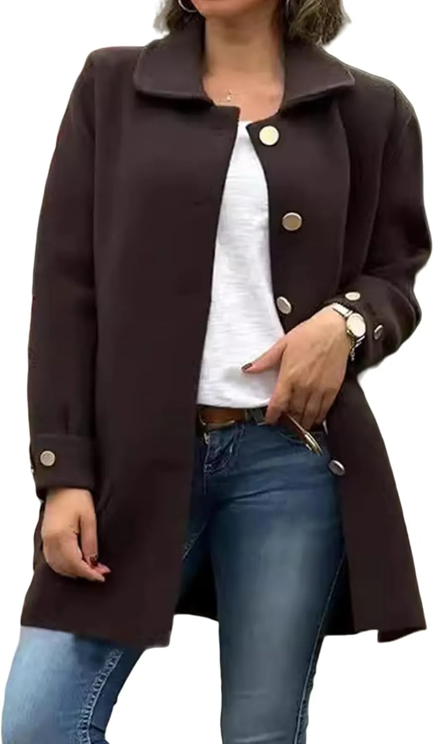 Kubbon Women's Wool Blend Coat Lightweight Single Breasted Lapel Pea Coat Causal Long Sleeve Jacket with Pockets