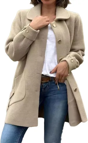 Kubbon Women's Wool Blend Coat Lightweight Single Breasted Lapel Pea Coat Causal Long Sleeve Jacket with Pockets
