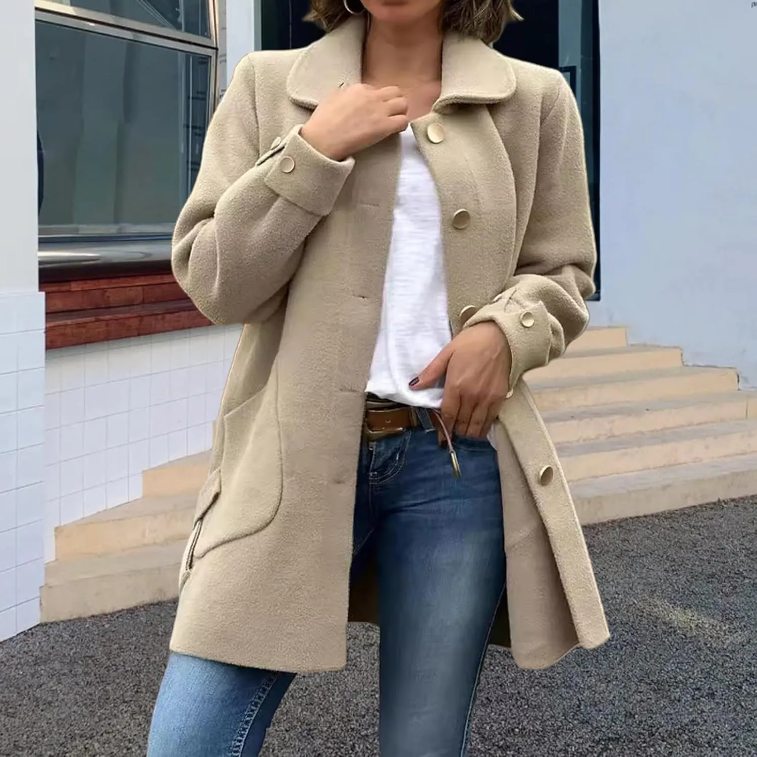 Kubbon Women's Wool Blend Coat Lightweight Single Breasted Lapel Pea Coat Causal Long Sleeve Jacket with Pockets