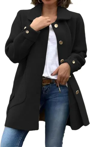 Kubbon Women's Wool Blend Coat Lightweight Single Breasted Lapel Pea Coat Causal Long Sleeve Jacket with Pockets