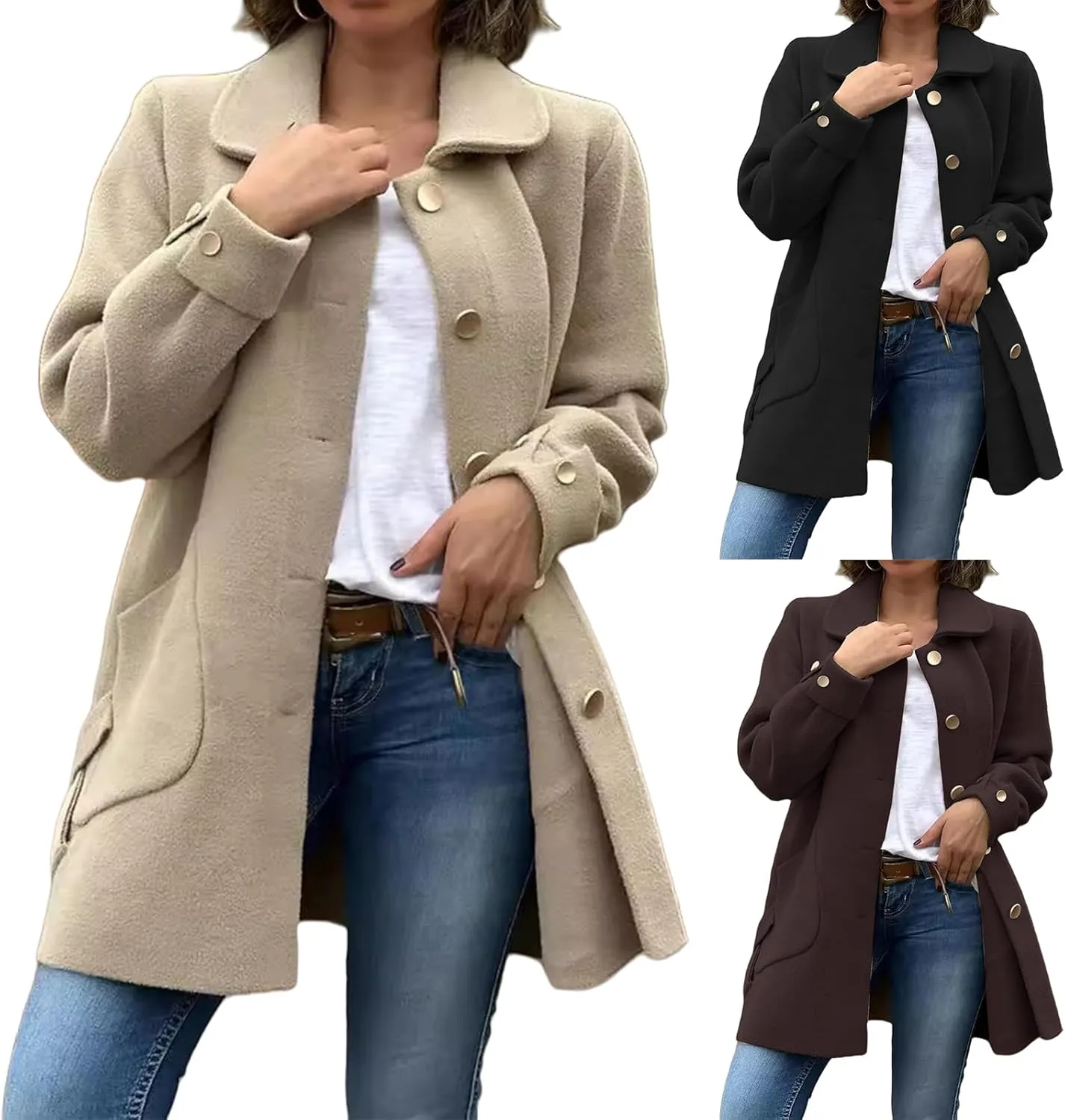 Kubbon Women's Wool Blend Coat Lightweight Single Breasted Lapel Pea Coat Causal Long Sleeve Jacket with Pockets