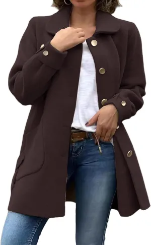 Kubbon Women's Wool Blend Coat Lightweight Single Breasted Lapel Pea Coat Causal Long Sleeve Jacket with Pockets