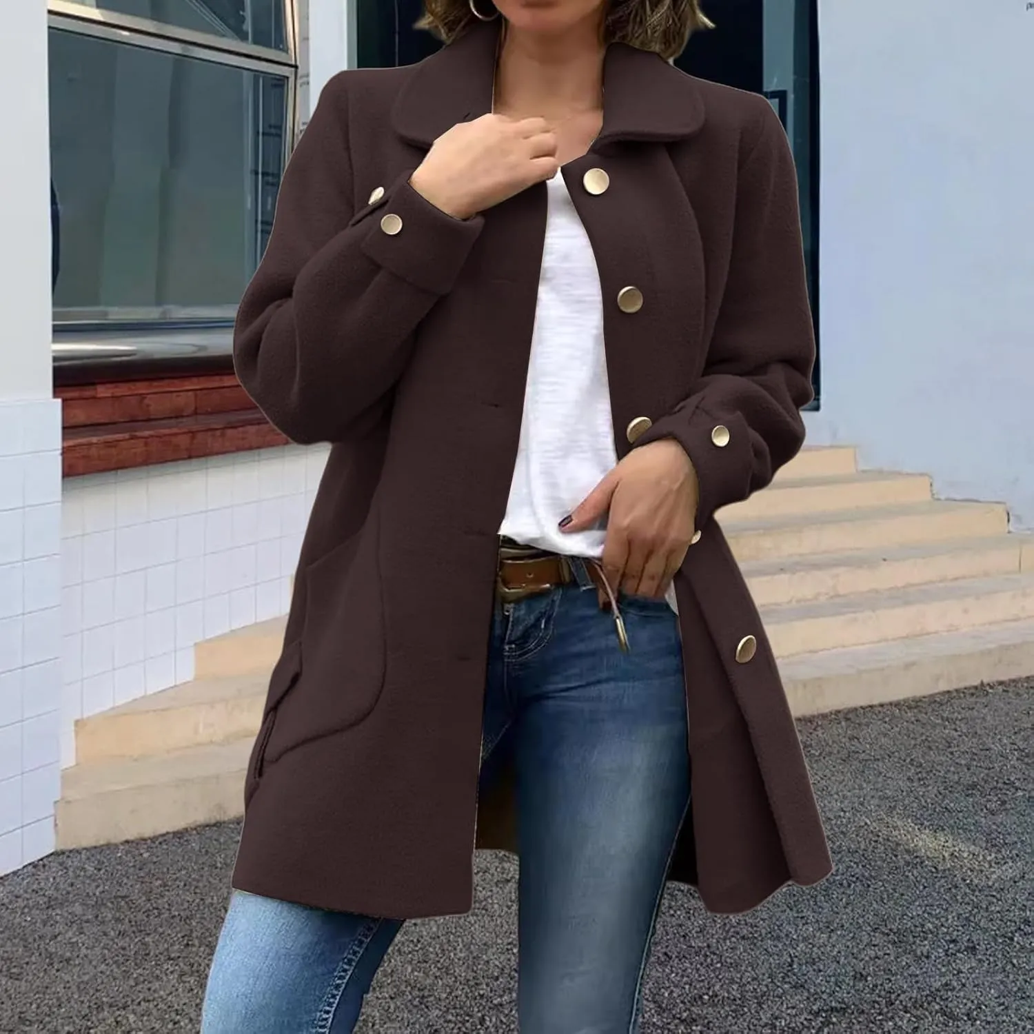 Kubbon Women's Wool Blend Coat Lightweight Single Breasted Lapel Pea Coat Causal Long Sleeve Jacket with Pockets