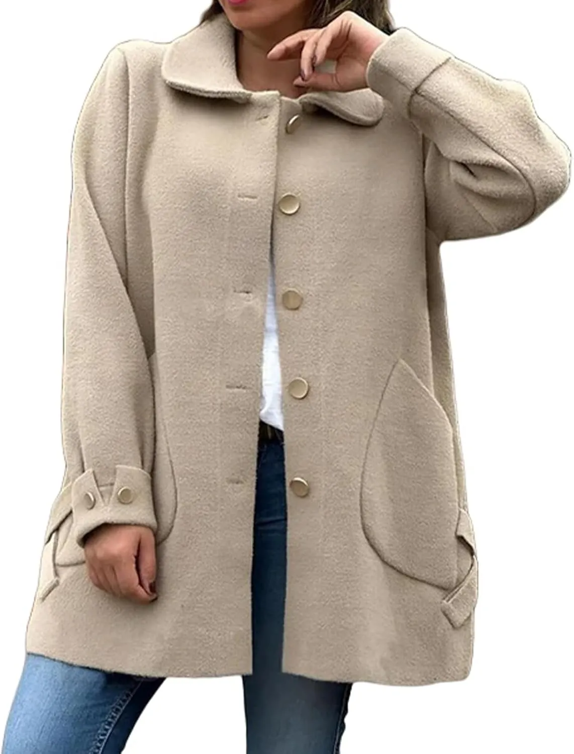 Kubbon Women's Wool Blend Coat Lightweight Single Breasted Lapel Pea Coat Causal Long Sleeve Jacket with Pockets