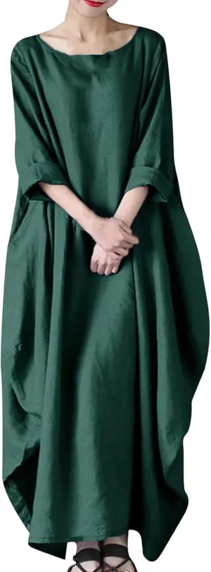 Linen Dress 2025 Long Sleeve Crewneck Maxi Dresses Solid Loose Plus Size Dresses Flowy Swing Summer Casual Dress