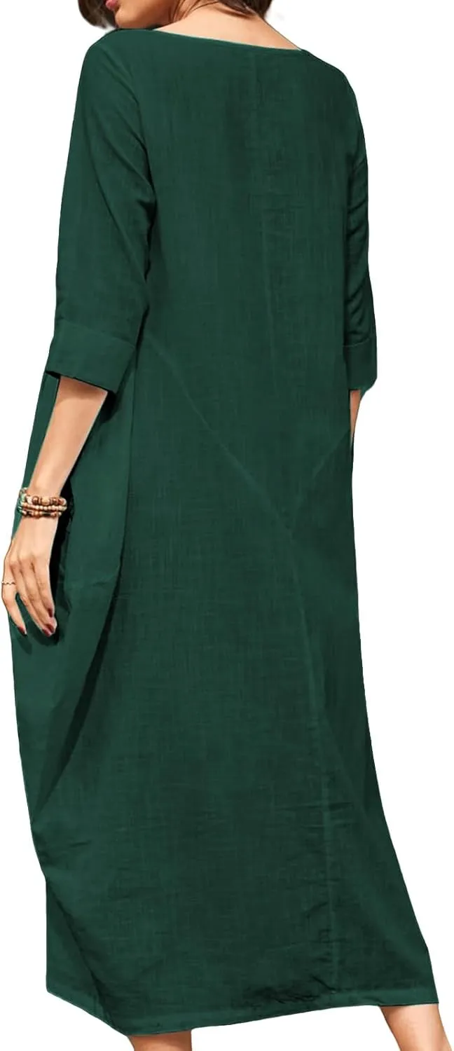Linen Dress 2025 Long Sleeve Crewneck Maxi Dresses Solid Loose Plus Size Dresses Flowy Swing Summer Casual Dress