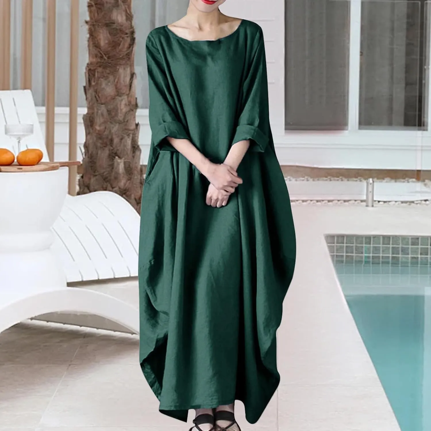 Linen Dress 2025 Long Sleeve Crewneck Maxi Dresses Solid Loose Plus Size Dresses Flowy Swing Summer Casual Dress