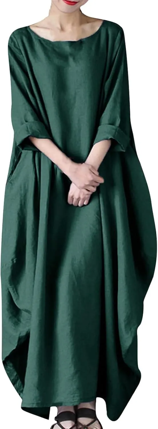 Linen Dress 2025 Long Sleeve Crewneck Maxi Dresses Solid Loose Plus Size Dresses Flowy Swing Summer Casual Dress