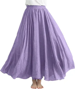 Linen Maxi Skirts for Women Flowy Swing A-Line Skirt Ankle Length Elastic High Waist Summer Beach Vacation Clothes