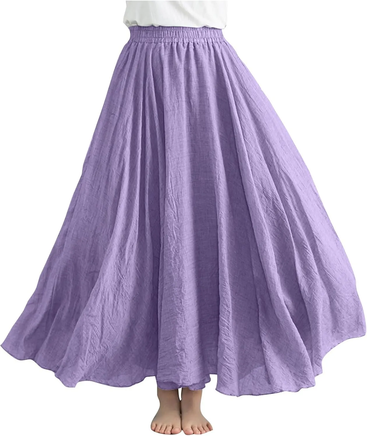 Linen Maxi Skirts for Women Flowy Swing A-Line Skirt Ankle Length Elastic High Waist Summer Beach Vacation Clothes
