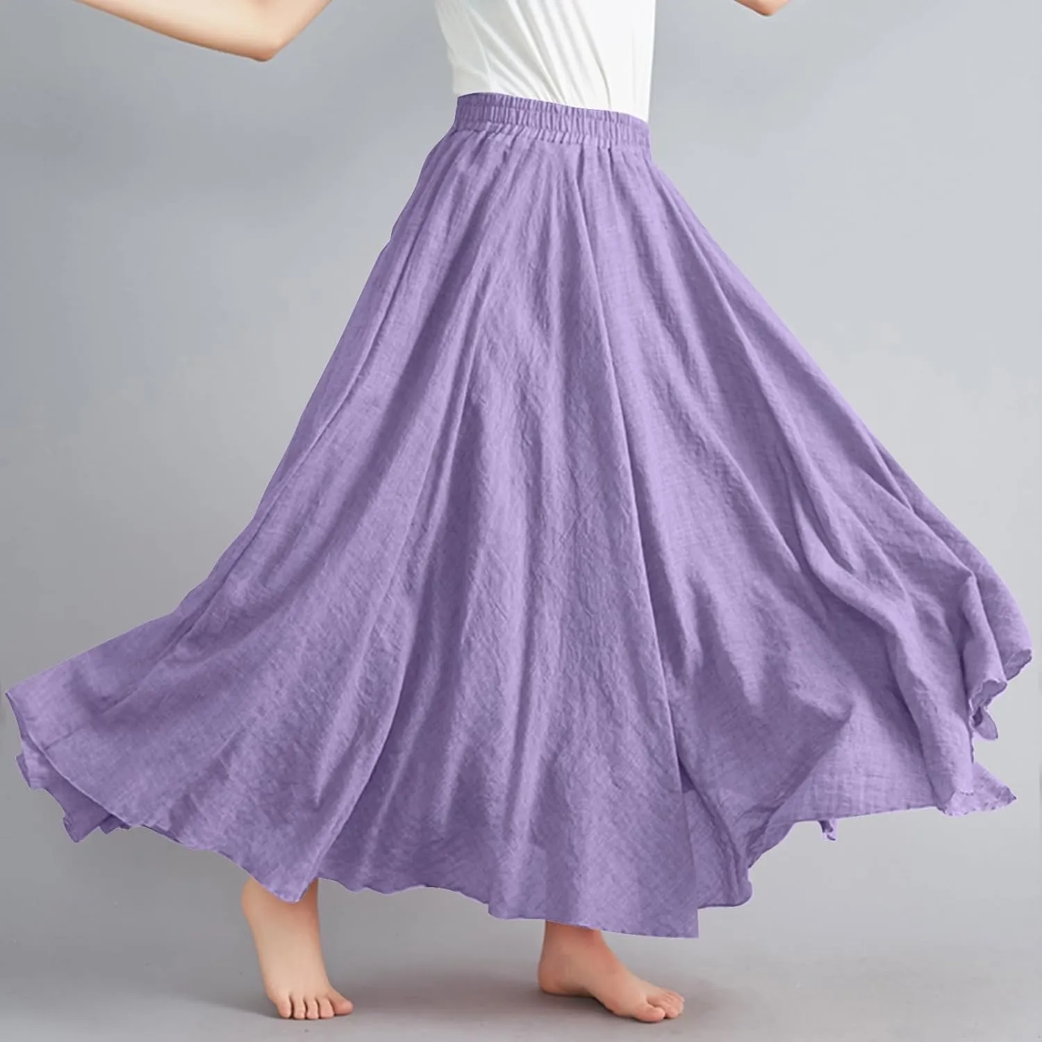Linen Maxi Skirts for Women Flowy Swing A-Line Skirt Ankle Length Elastic High Waist Summer Beach Vacation Clothes