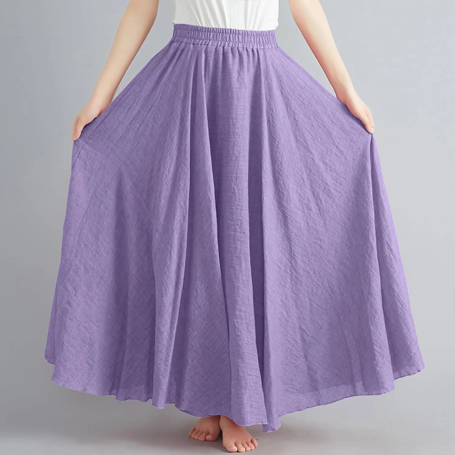 Linen Maxi Skirts for Women Flowy Swing A-Line Skirt Ankle Length Elastic High Waist Summer Beach Vacation Clothes