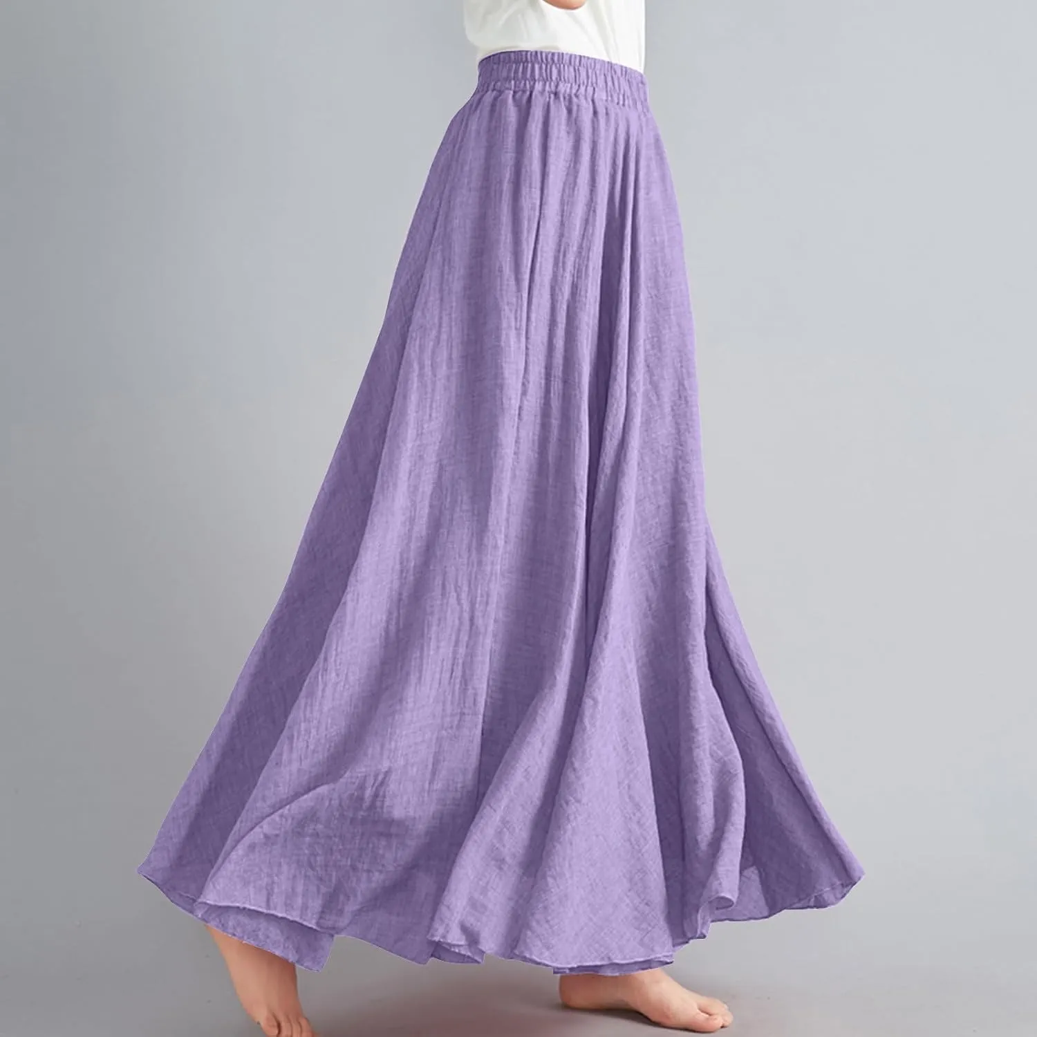 Linen Maxi Skirts for Women Flowy Swing A-Line Skirt Ankle Length Elastic High Waist Summer Beach Vacation Clothes