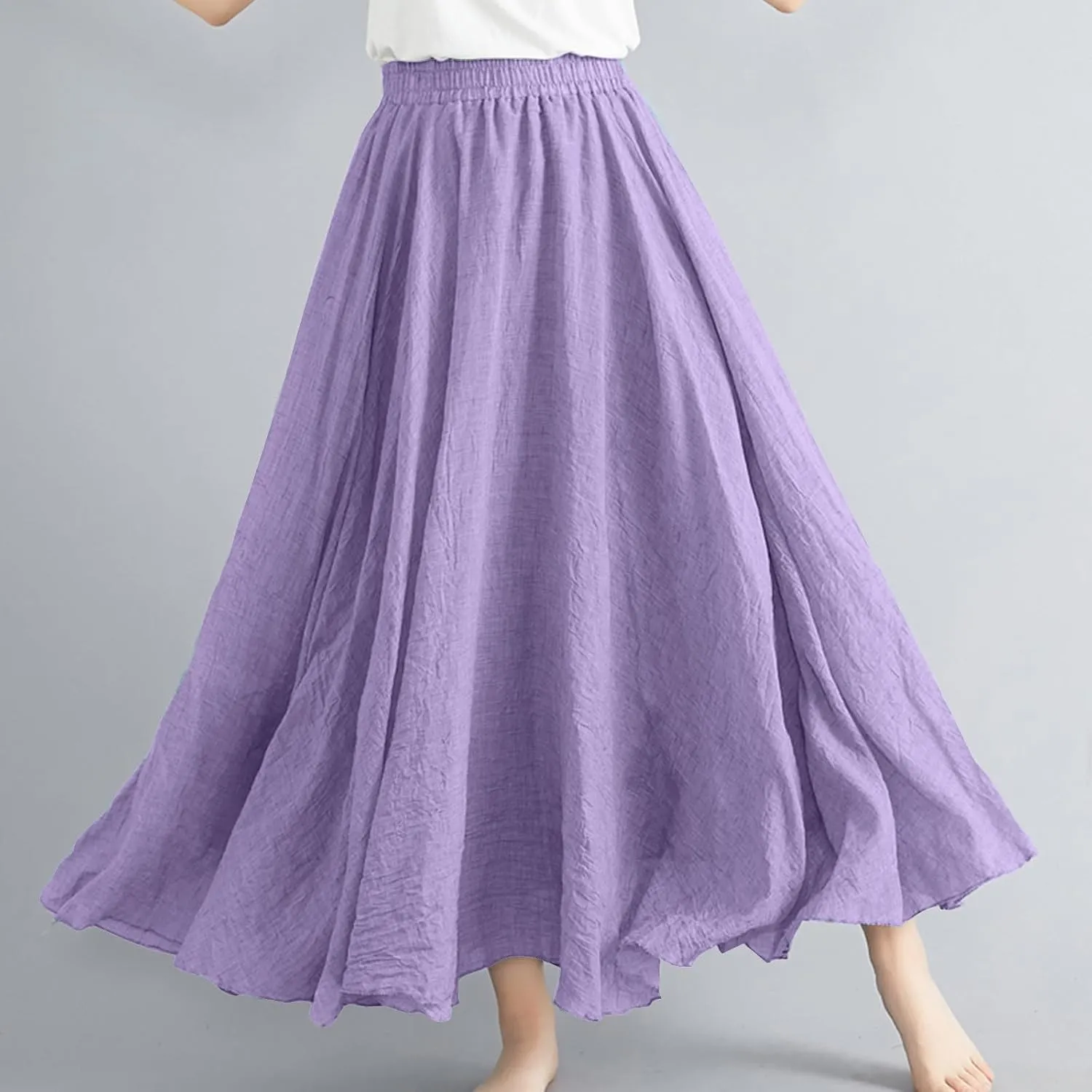 Linen Maxi Skirts for Women Flowy Swing A-Line Skirt Ankle Length Elastic High Waist Summer Beach Vacation Clothes