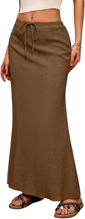 Linen Maxi Skirts for Women Summer Flowy Skirt Drawstring Elastic A-Line Skirts for Office Long Skirt with Slit