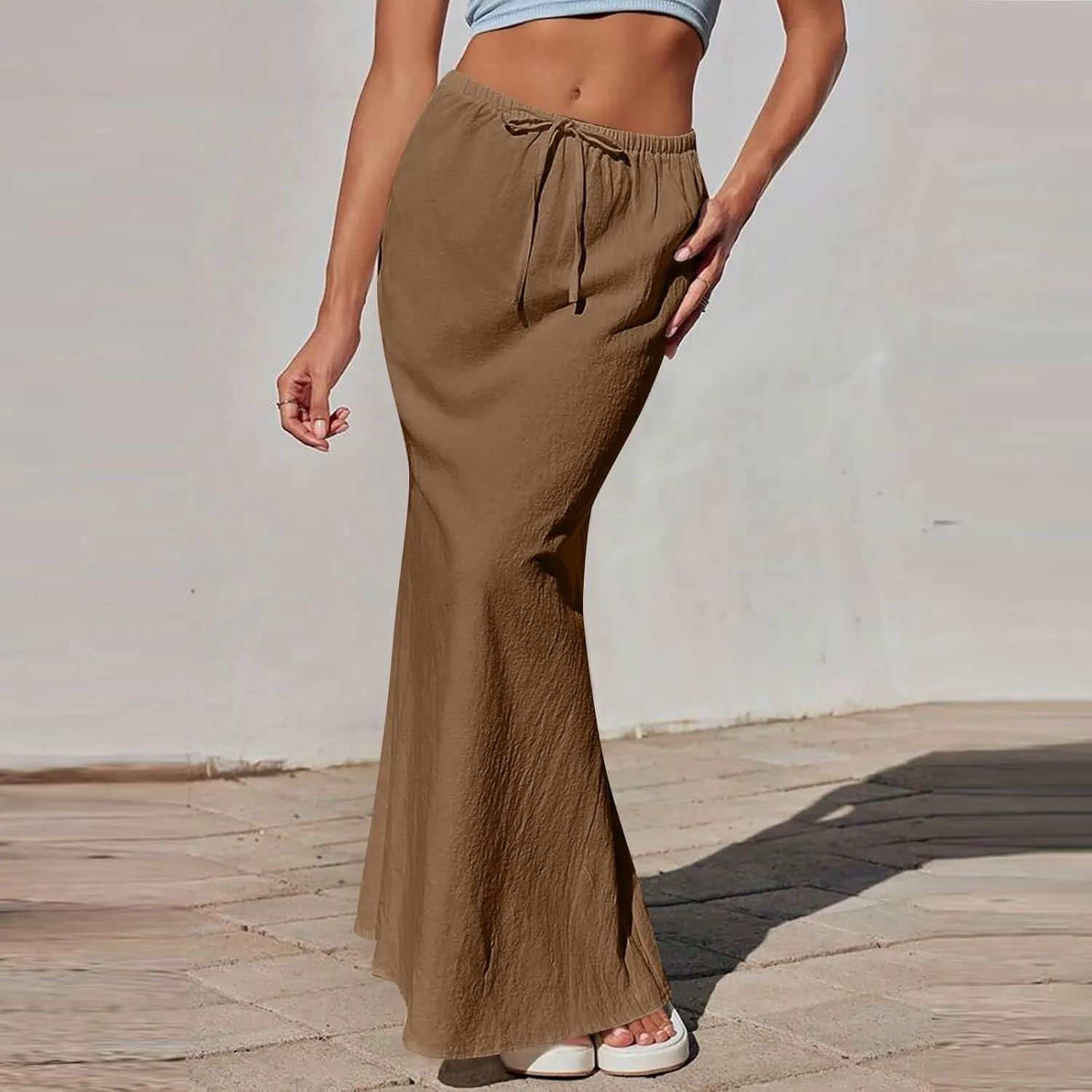 Linen Maxi Skirts for Women Summer Flowy Skirt Drawstring Elastic A-Line Skirts for Office Long Skirt with Slit