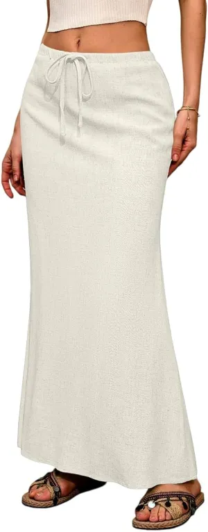 Linen Maxi Skirts for Women Summer Flowy Skirt Drawstring Elastic A-Line Skirts for Office Long Skirt with Slit