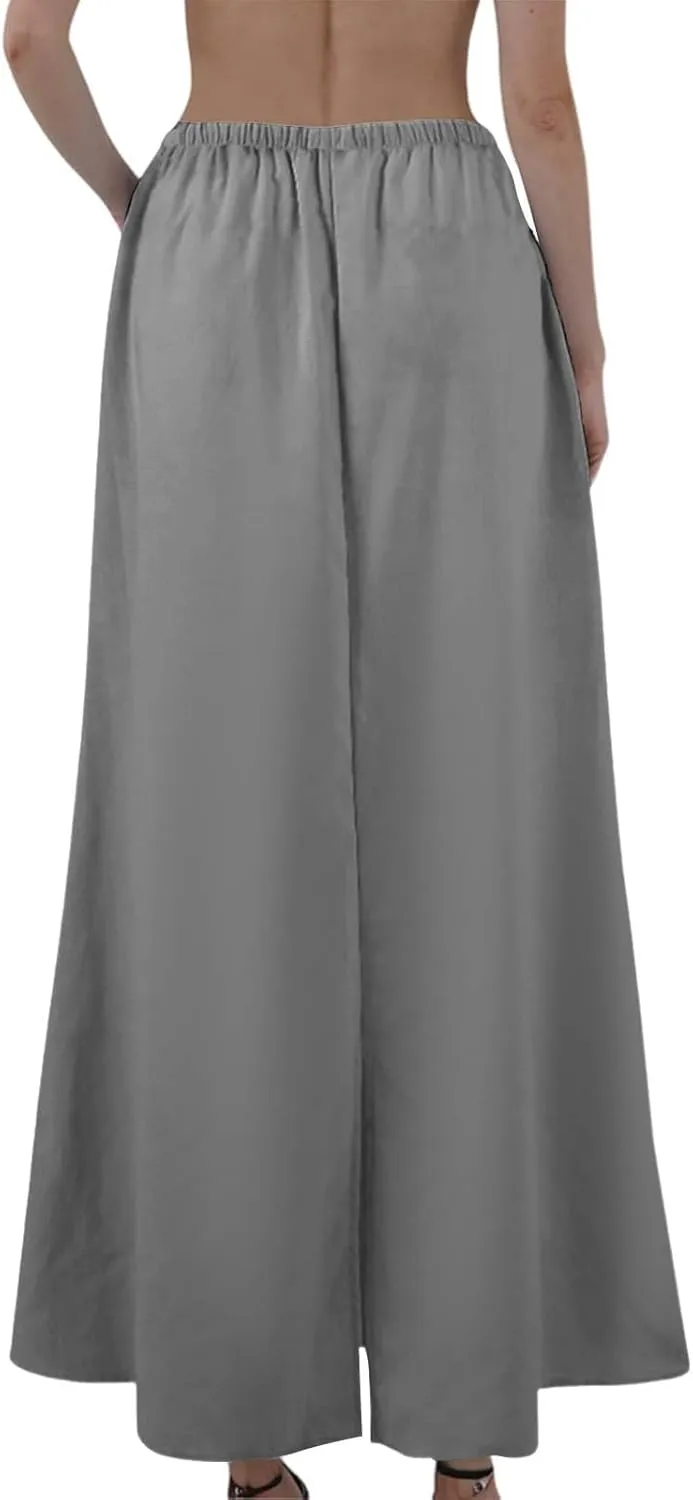 Linen Maxi Skirts for Women Summer Flowy Skirt Drawstring Elastic A-Line Skirts for Office Long Skirt with Slit