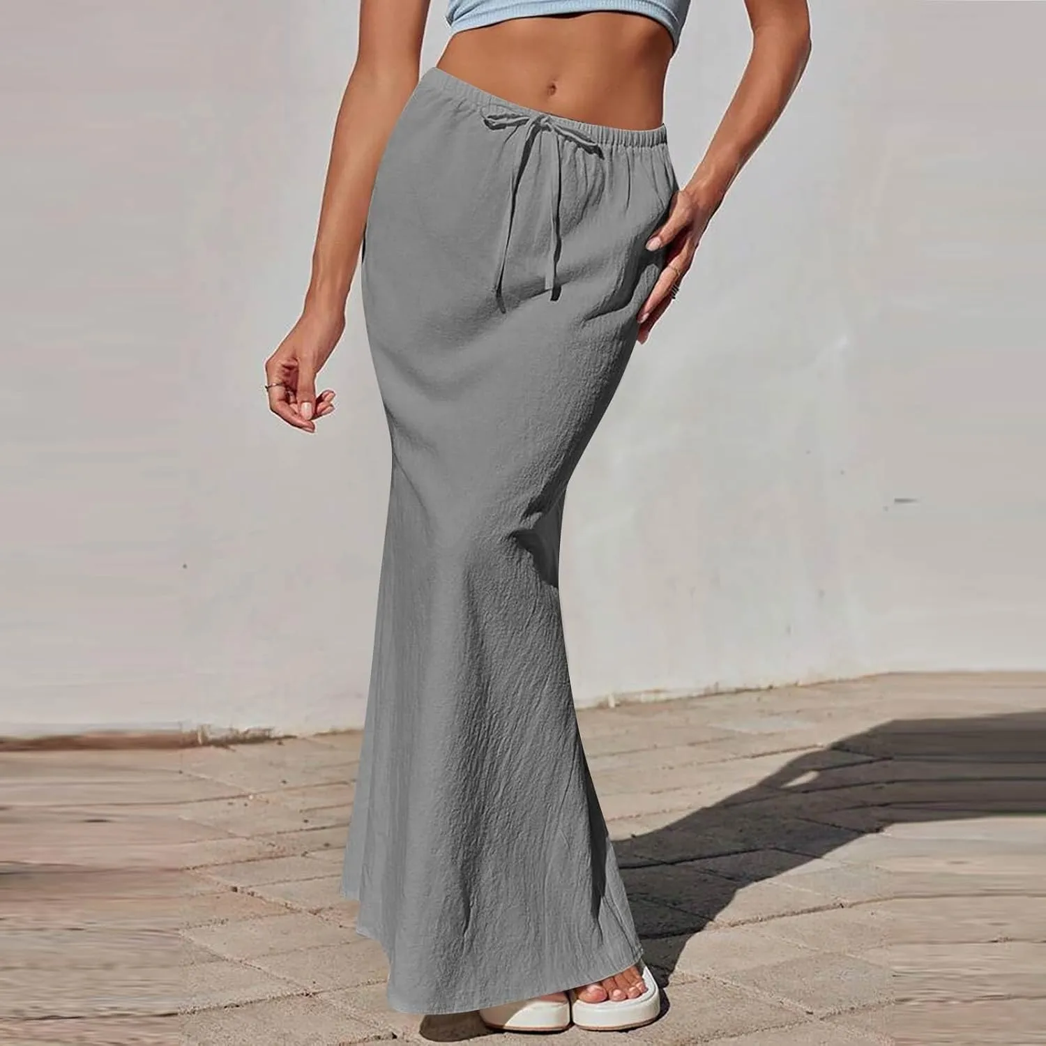 Linen Maxi Skirts for Women Summer Flowy Skirt Drawstring Elastic A-Line Skirts for Office Long Skirt with Slit