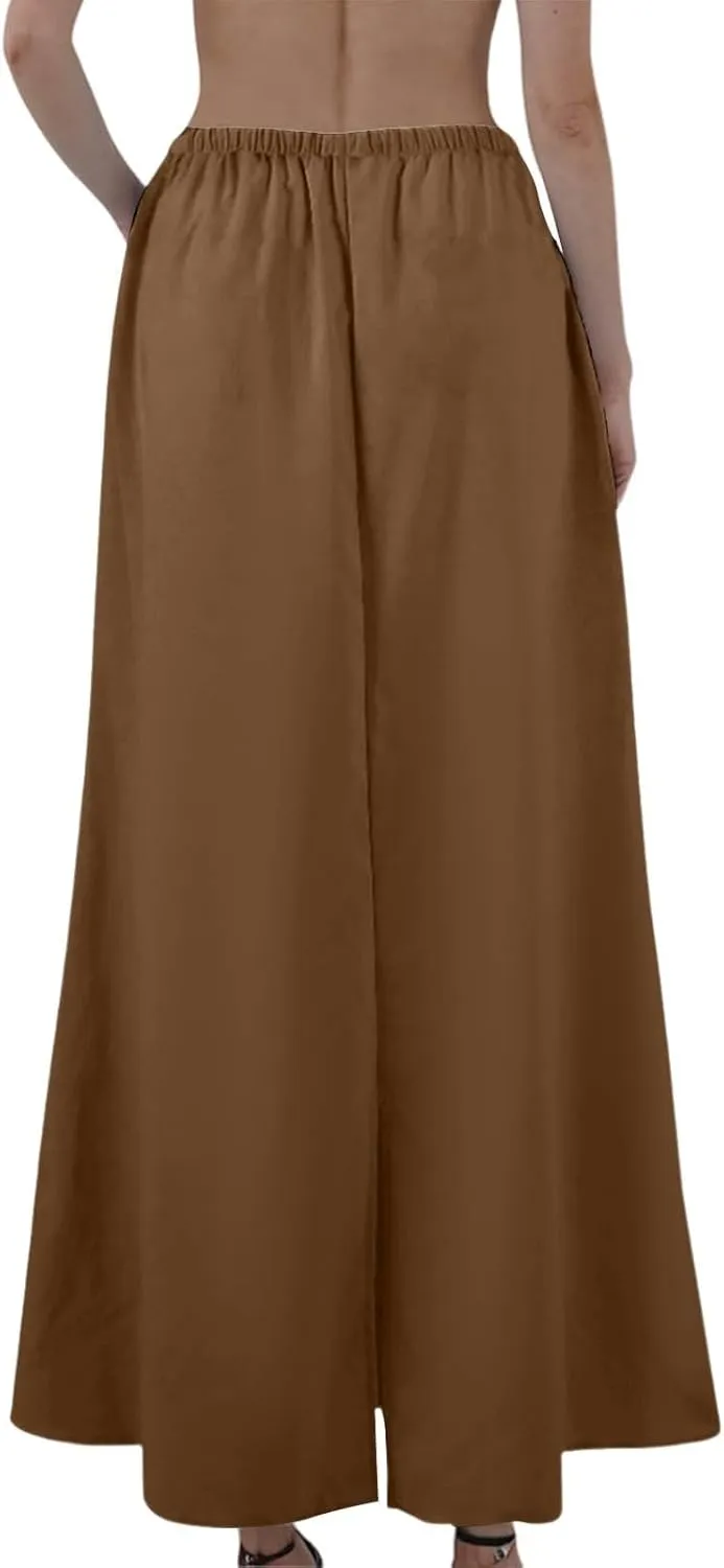 Linen Maxi Skirts for Women Summer Flowy Skirt Drawstring Elastic A-Line Skirts for Office Long Skirt with Slit