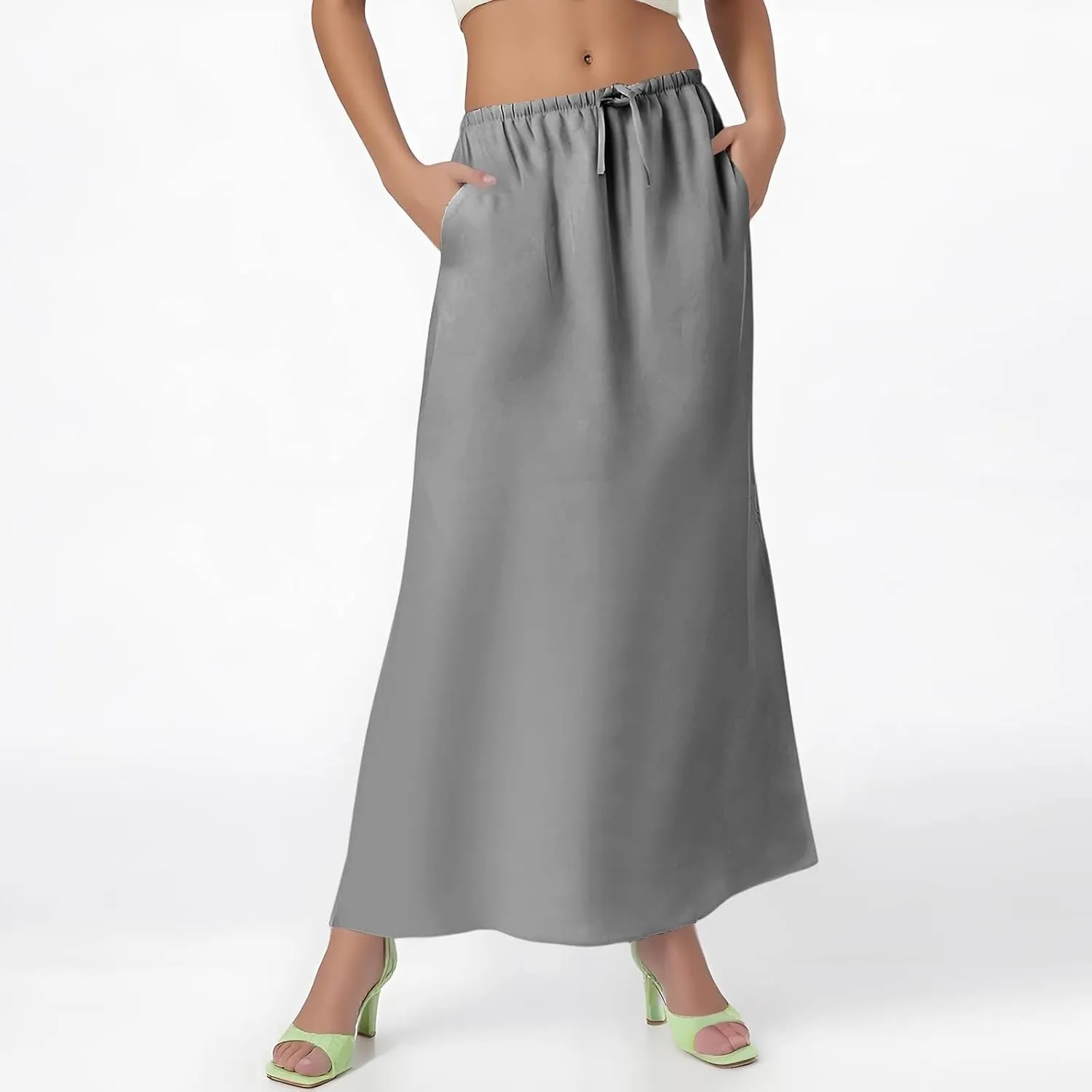Linen Maxi Skirts for Women Summer Flowy Skirt Drawstring Elastic A-Line Skirts for Office Long Skirt with Slit