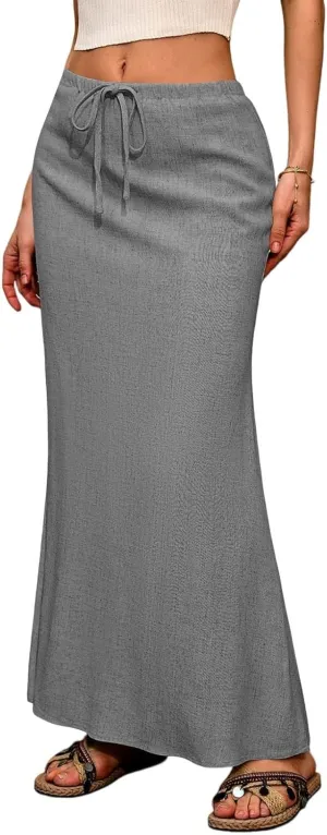 Linen Maxi Skirts for Women Summer Flowy Skirt Drawstring Elastic A-Line Skirts for Office Long Skirt with Slit