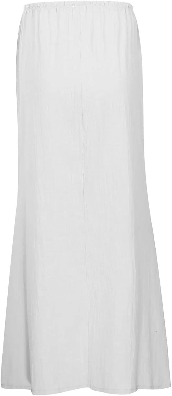 Linen Maxi Skirts for Women Trendy Summer Vacation Comfy Drawstring Waist A Line Skirts Cute Boho Long Flowy Dress