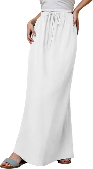 Linen Maxi Skirts for Women Trendy Summer Vacation Comfy Drawstring Waist A Line Skirts Cute Boho Long Flowy Dress