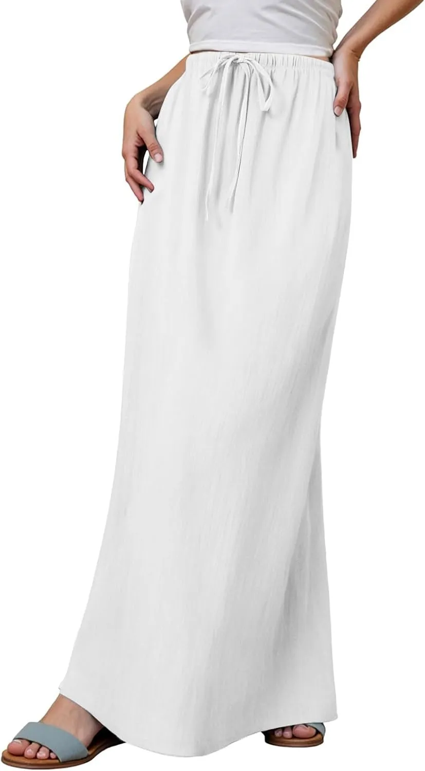 Linen Maxi Skirts for Women Trendy Summer Vacation Comfy Drawstring Waist A Line Skirts Cute Boho Long Flowy Dress