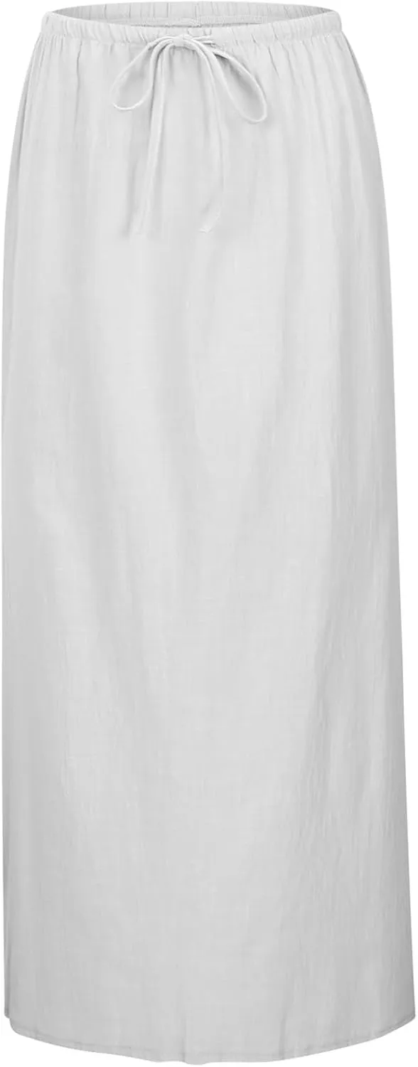 Linen Maxi Skirts for Women Trendy Summer Vacation Comfy Drawstring Waist A Line Skirts Cute Boho Long Flowy Dress