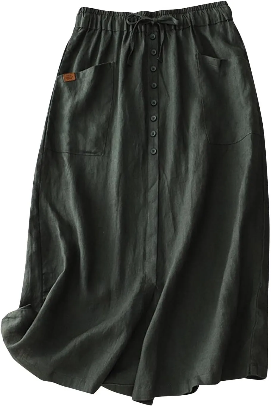 Linen Skirts for Women Summer Fashion Drawstring High Waist Button Skirt with Pockets Solid Loose Fit Holiday Skirts