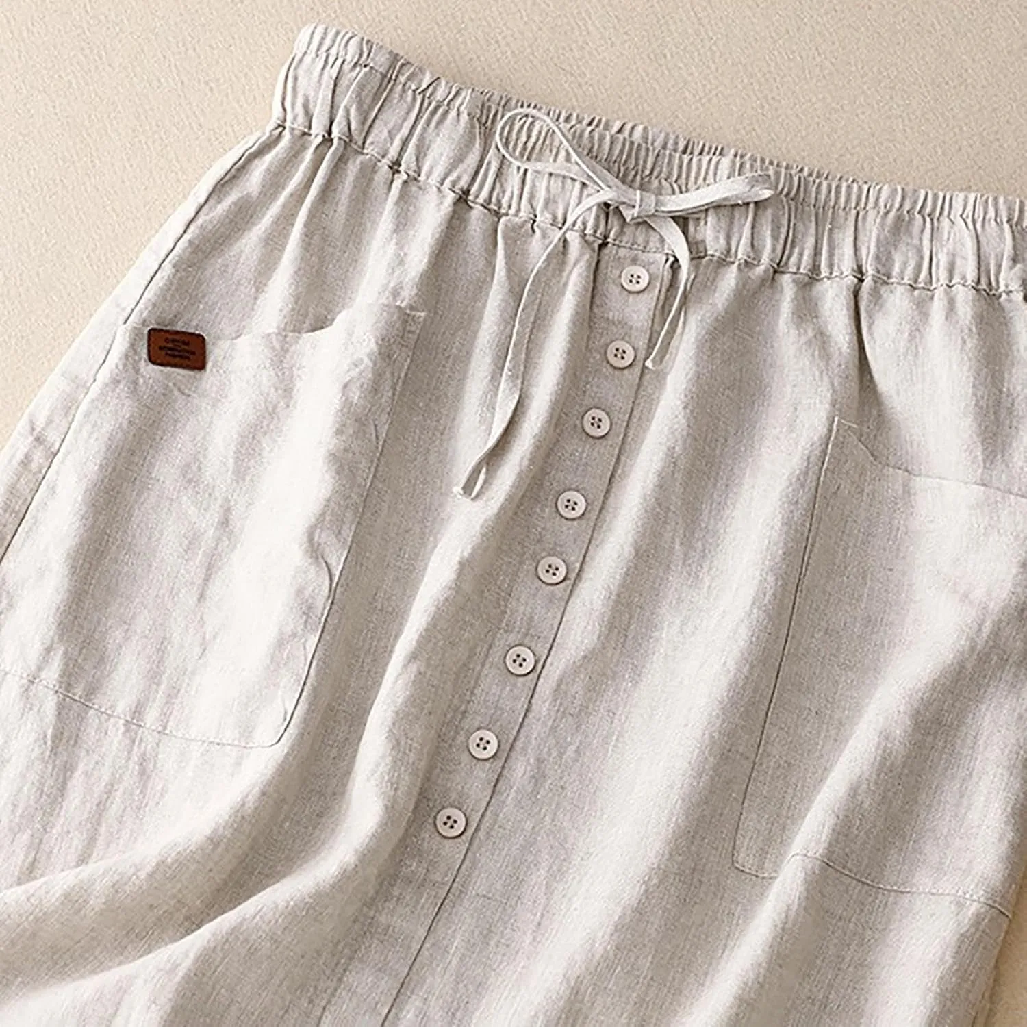 Linen Skirts for Women Summer Fashion Drawstring High Waist Button Skirt with Pockets Solid Loose Fit Holiday Skirts