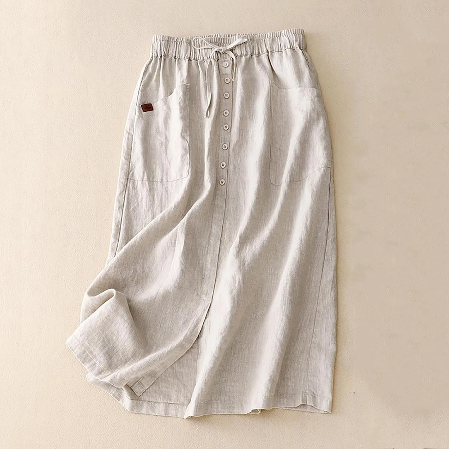 Linen Skirts for Women Summer Fashion Drawstring High Waist Button Skirt with Pockets Solid Loose Fit Holiday Skirts