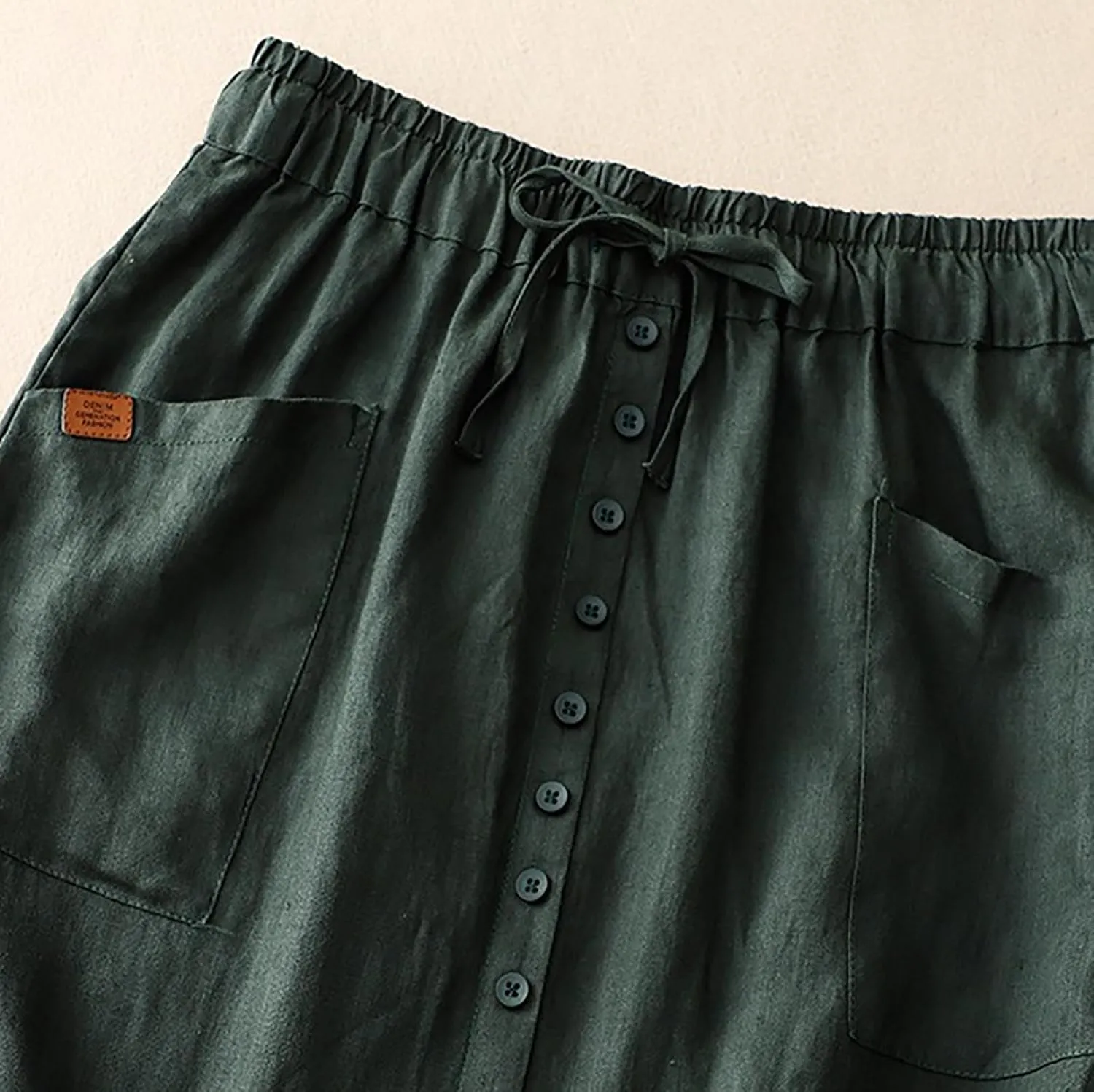 Linen Skirts for Women Summer Fashion Drawstring High Waist Button Skirt with Pockets Solid Loose Fit Holiday Skirts