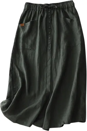Linen Skirts for Women Summer Fashion Drawstring High Waist Button Skirt with Pockets Solid Loose Fit Holiday Skirts