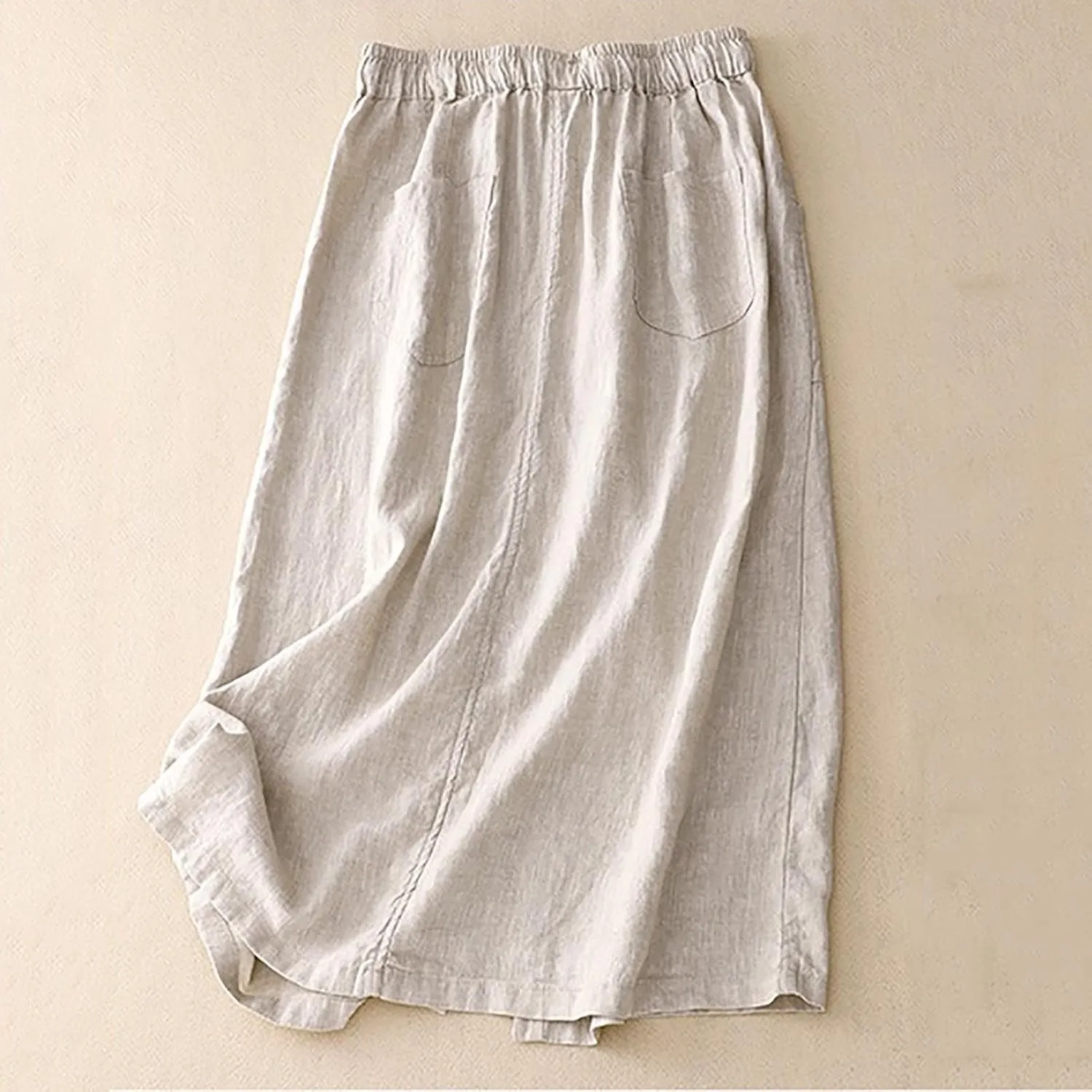 Linen Skirts for Women Summer Fashion Drawstring High Waist Button Skirt with Pockets Solid Loose Fit Holiday Skirts
