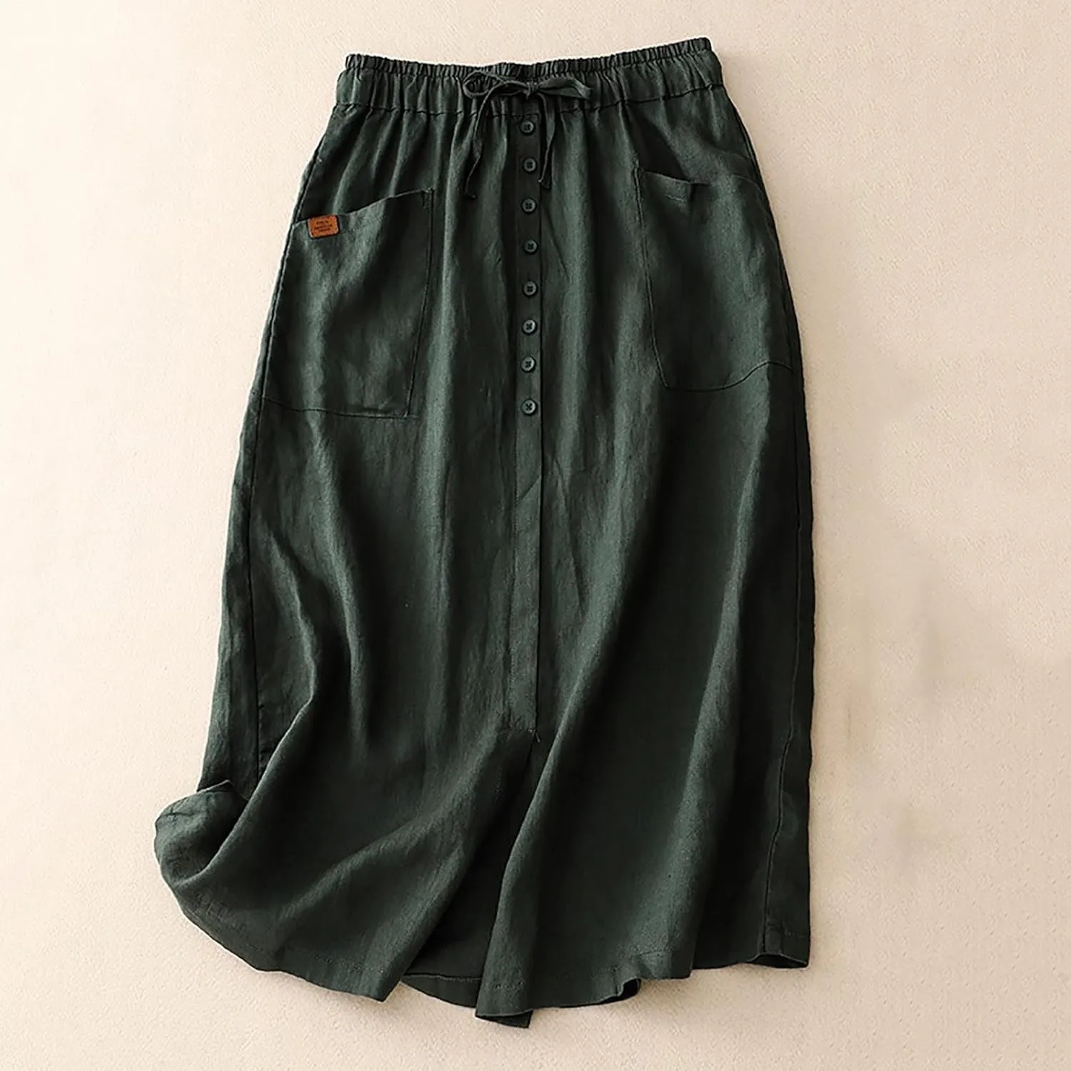 Linen Skirts for Women Summer Fashion Drawstring High Waist Button Skirt with Pockets Solid Loose Fit Holiday Skirts