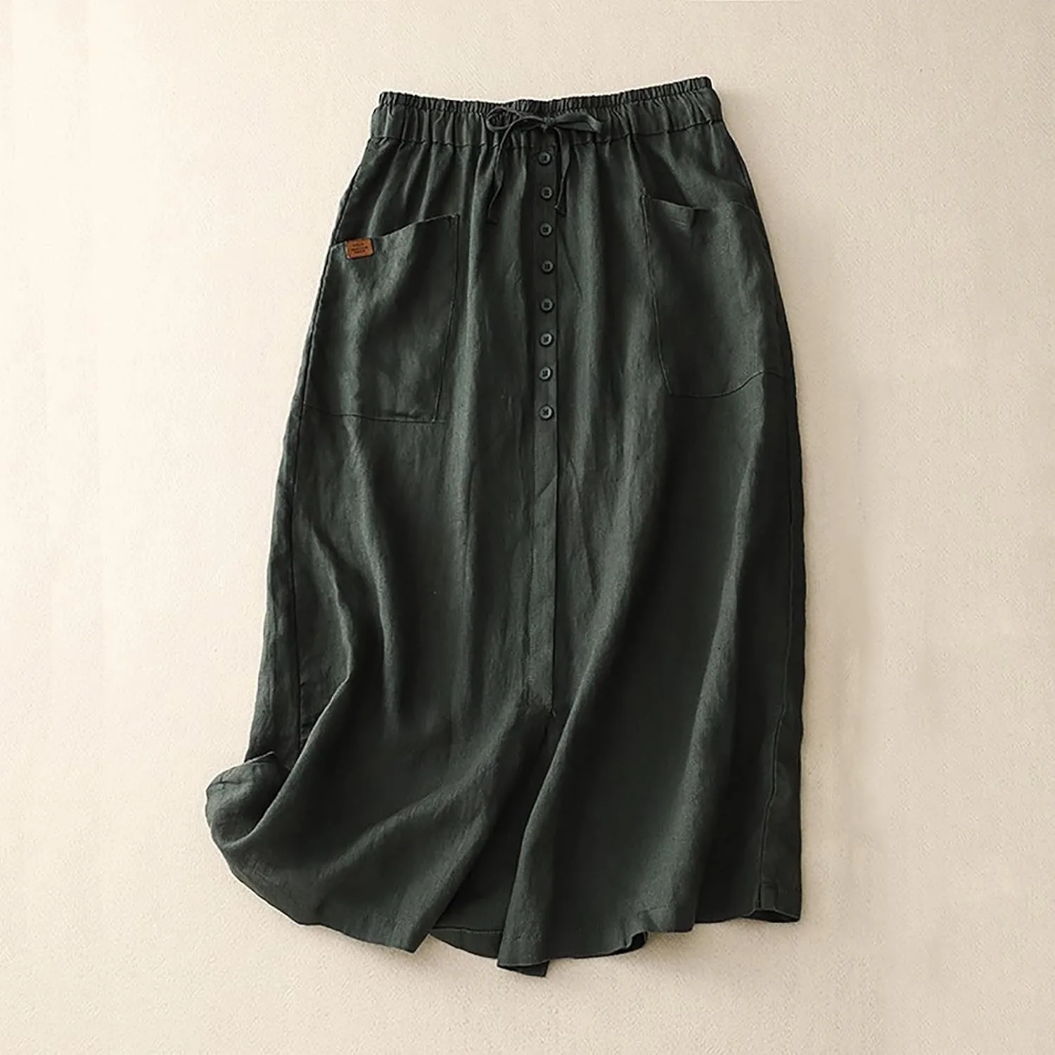 Linen Skirts for Women Summer Fashion Drawstring High Waist Button Skirt with Pockets Solid Loose Fit Holiday Skirts