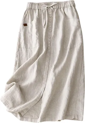 Linen Skirts for Women Summer Fashion Drawstring High Waist Button Skirt with Pockets Solid Loose Fit Holiday Skirts