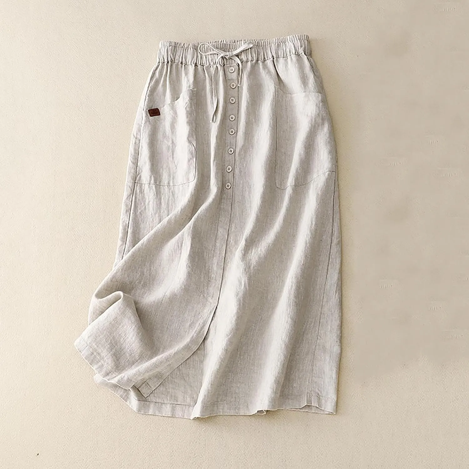 Linen Skirts for Women Summer Fashion Drawstring High Waist Button Skirt with Pockets Solid Loose Fit Holiday Skirts