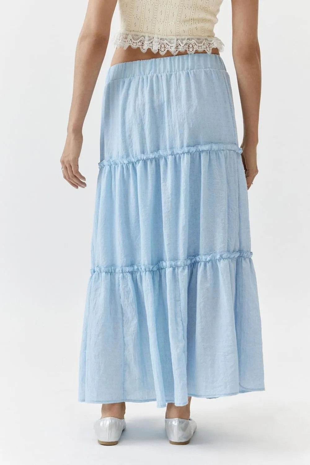 Lisskolo Tiered Skirts for Women Boho Maxi Flowy Pleated Skirts Elastic High Waist Ruffle A-Line Swing Long Beach Skirts