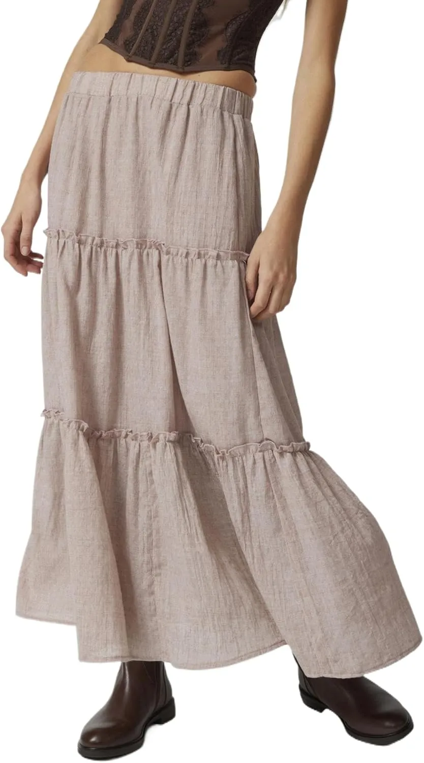 Lisskolo Tiered Skirts for Women Boho Maxi Flowy Pleated Skirts Elastic High Waist Ruffle A-Line Swing Long Beach Skirts