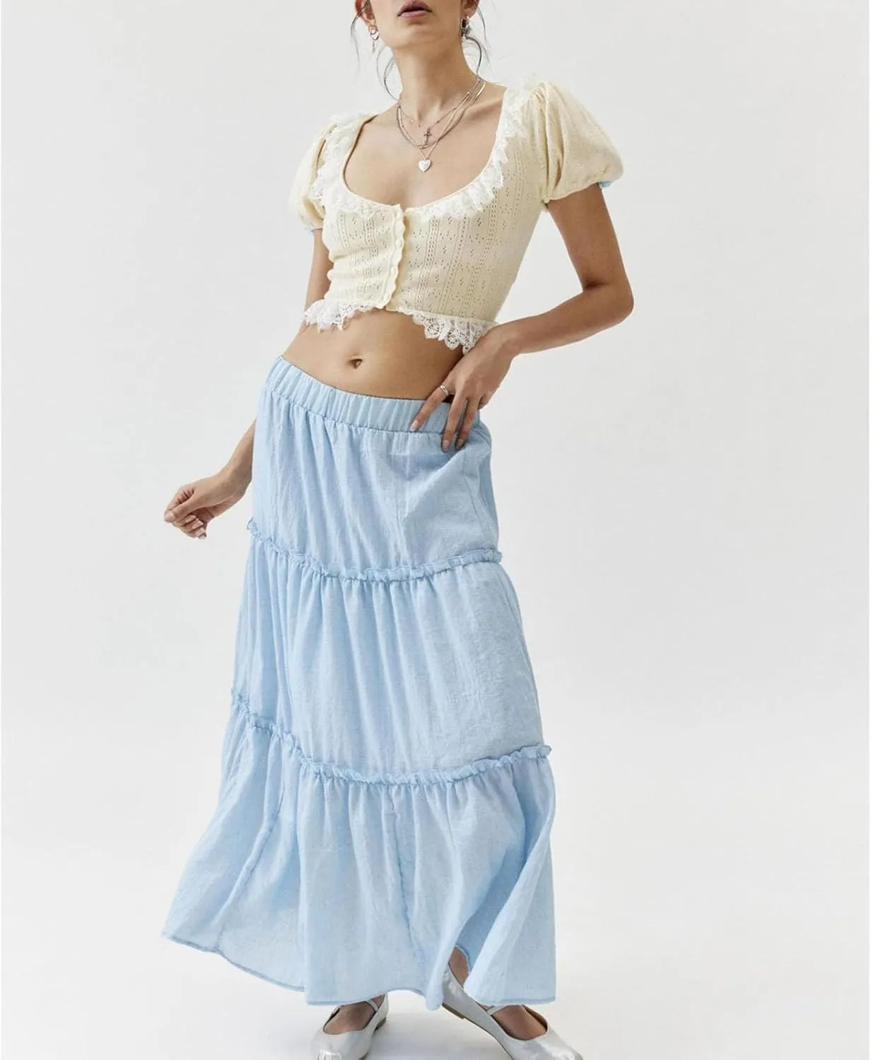 Lisskolo Tiered Skirts for Women Boho Maxi Flowy Pleated Skirts Elastic High Waist Ruffle A-Line Swing Long Beach Skirts