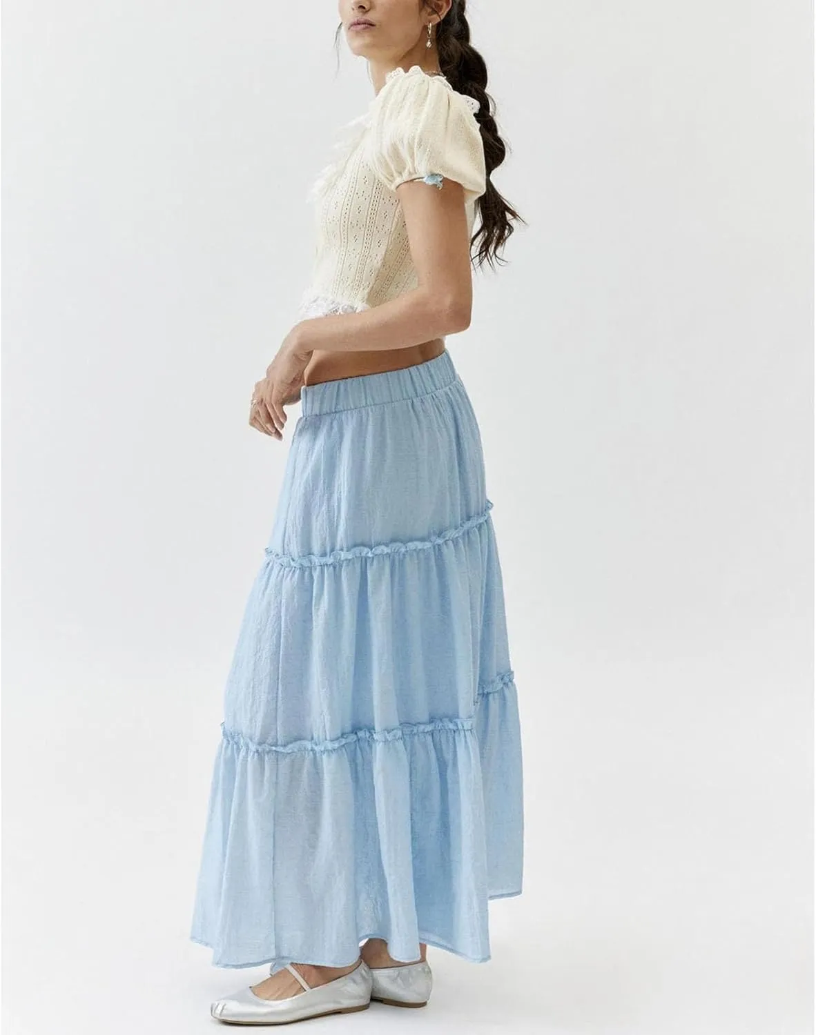 Lisskolo Tiered Skirts for Women Boho Maxi Flowy Pleated Skirts Elastic High Waist Ruffle A-Line Swing Long Beach Skirts