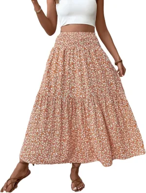 Long Flowy Skirts for Women Boho Chiffon Elastic High Waist Pleated A-Line Flared Maxi Skirt Summer Beach Skirts