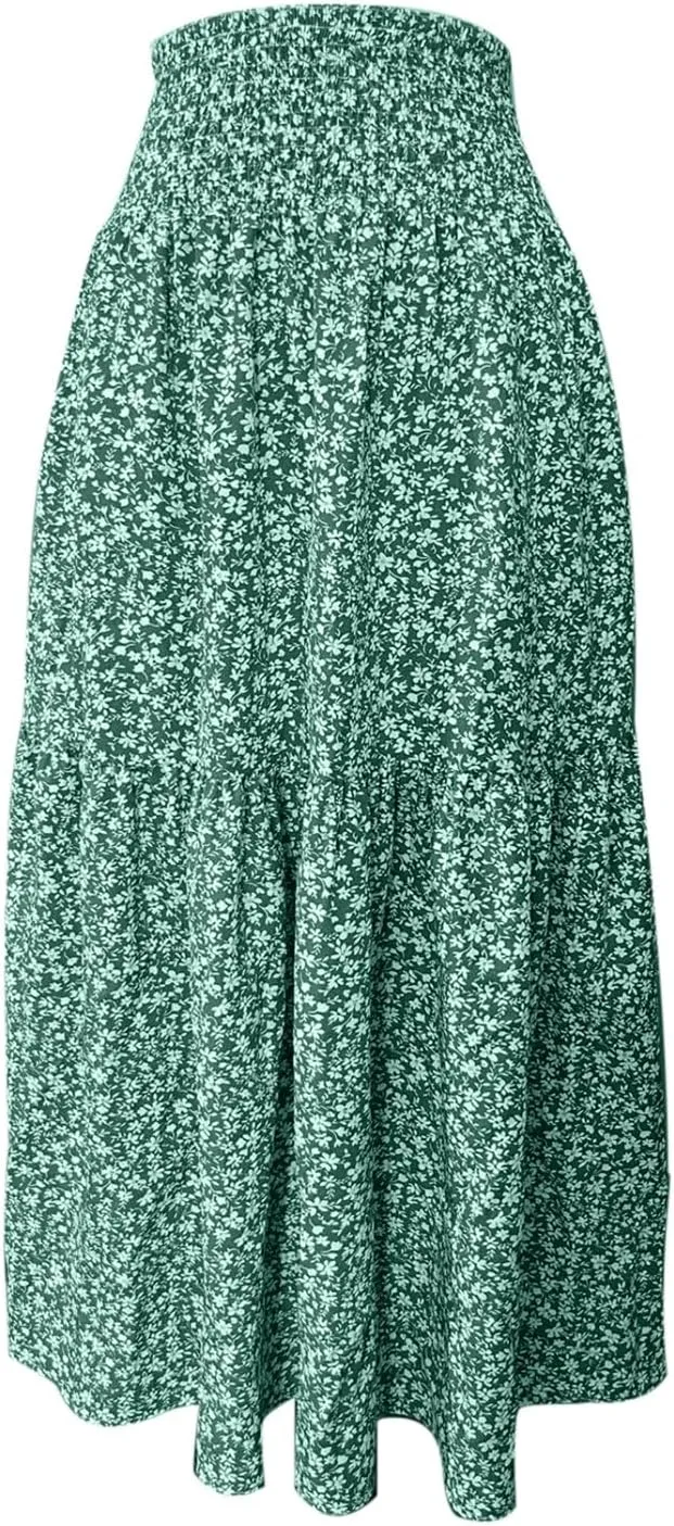 Long Flowy Skirts for Women Smocked High Waisted Floral Maxi Skirt with Pockets Boho Ruffle Tiered Beach A Line Skirt