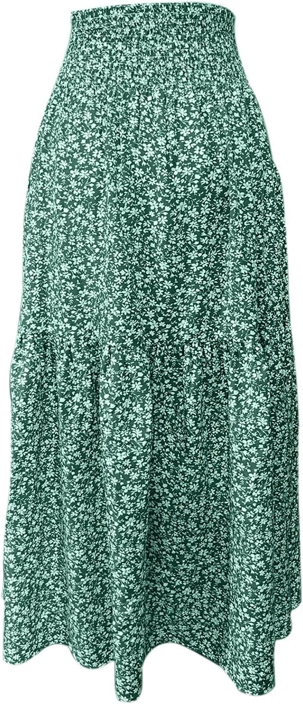 Long Flowy Skirts for Women Smocked High Waisted Floral Maxi Skirt with Pockets Boho Ruffle Tiered Beach A Line Skirt